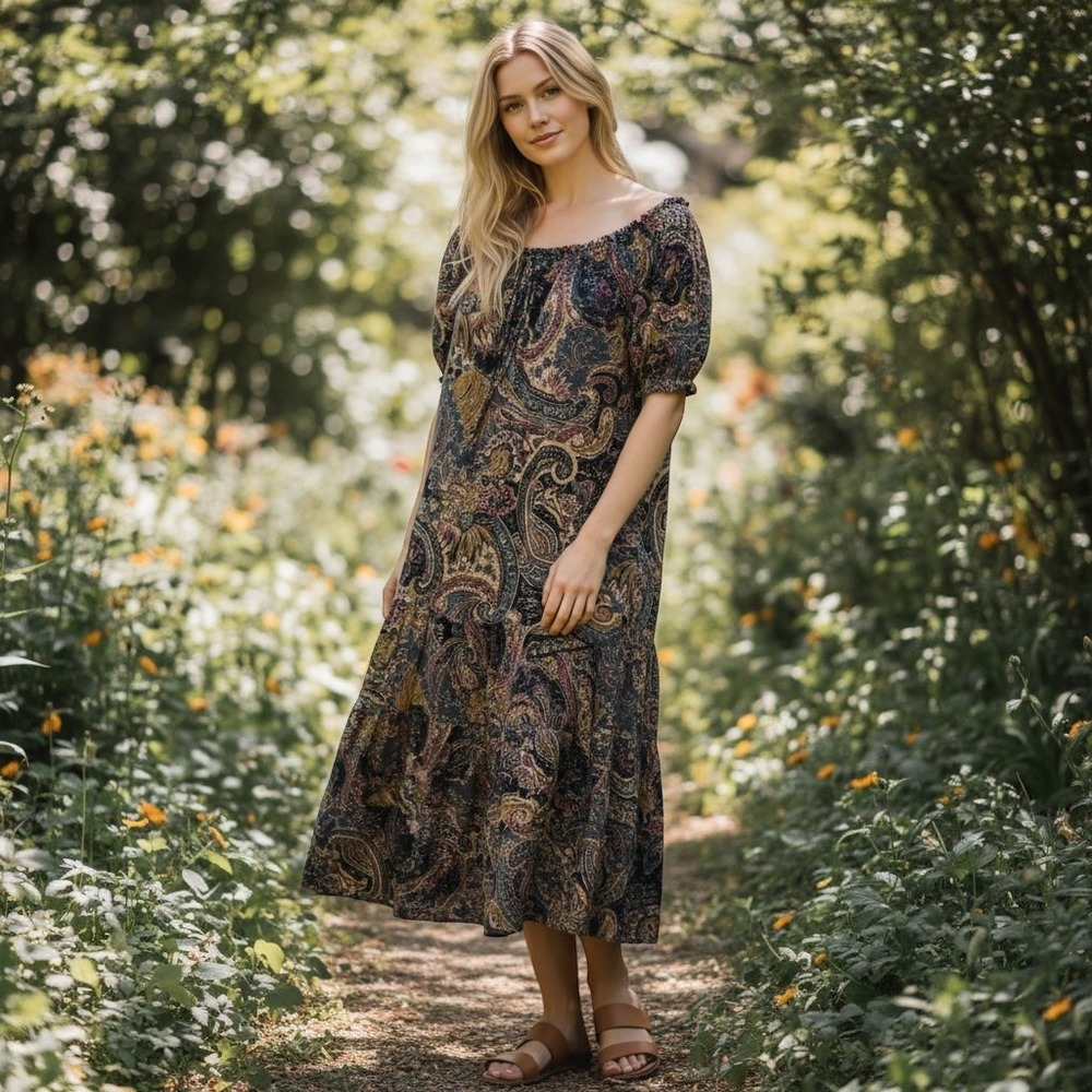 Chaps Denim Paisley Off-the-shoulder Tiered Top And Skirt Set Smocked Boddess M‎